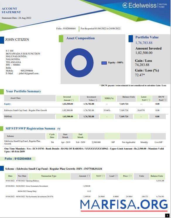 Printable India Edelweiss bank statement word 3 pages download for verification